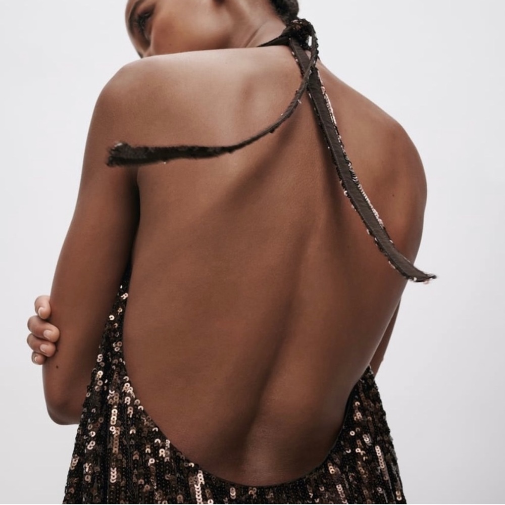 Zara Chocolate Brown Sequin Halter Maxi Dress - Picture 4 of 6